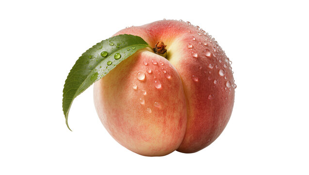 Ripe juicy peach with fuzzy skin and vibrant green leaf, isolated on transparent background for healthy food advertising and recipes
