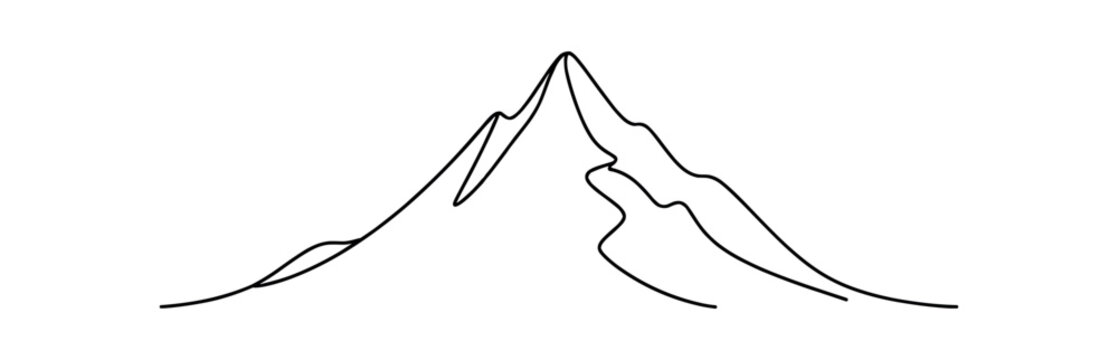 Mountain range simple line drawing. peak, summit, alpine, hiking, landscape, nature, outdoor, ridge, snowcap. flat vector illustration isolated on white background.