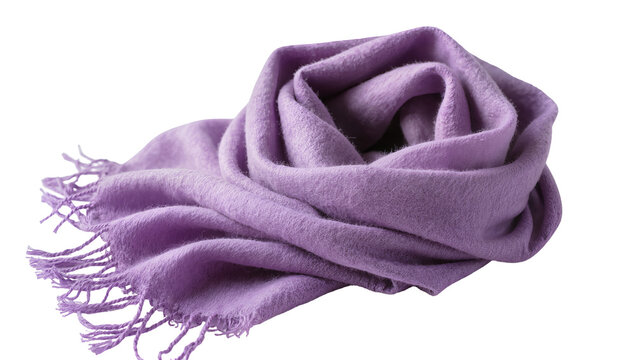 Soft lavender cashmere scarf artfully draped in a loose flowing arrangement, isolated on transparent background for fashion and textile design