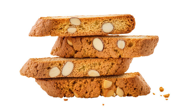 Stacked almond biscotti cookies with a rough textured surface and visible almond pieces, isolated on transparent background for bakery menus and food blogs