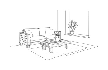 Naklejka premium Sustainable Living Space. Minimalistic one-line drawing interior with furniture made of reclaimed wood and natural fibers, continuous single black line on