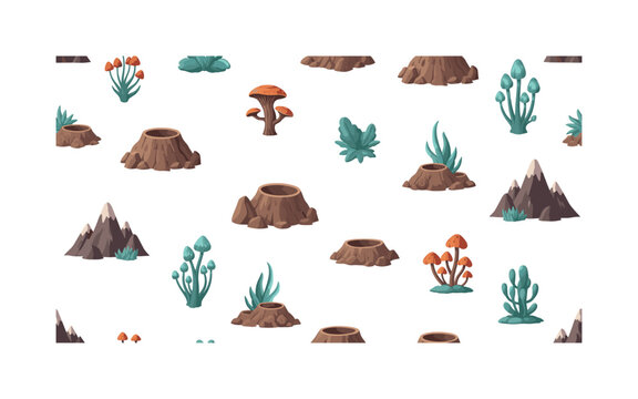 luminous flora motifs seamless pattern, repeating pattern, surface design, textile print, modern illustration of glowing alien plants, craters, rocky terrain,