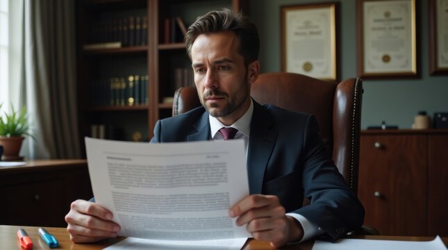 Abogado revisando un contrato impreso con texto muy denso