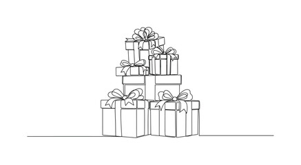 Naklejka premium Birthday Presents. Minimalistic one-line drawing stack of gift boxes with decorative bows, continuous single black line on white background, simple outline