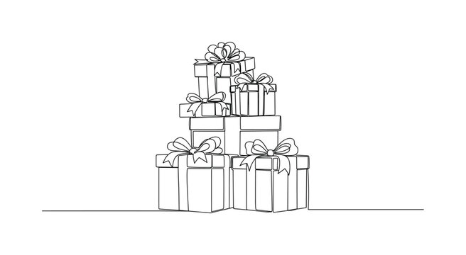 Birthday Presents. Minimalistic one-line drawing stack of gift boxes with decorative bows, continuous single black line on white background, simple outline
