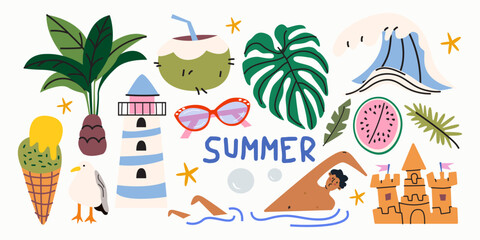 A vibrant set of summer themed illustrations with ice cream, palm, coconut, cocktails, tropical leaves, a sandcastle, watermelon, seagull for travel and seasonal designs © luamor