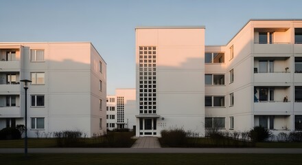 Obraz premium Modern Apartment Buildings at Sunset, Architectural Exterior