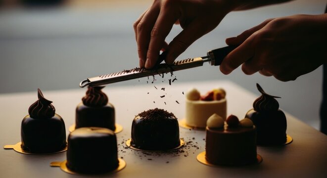 Hands grate chocolate shavings onto small, decorated cakes, close-up