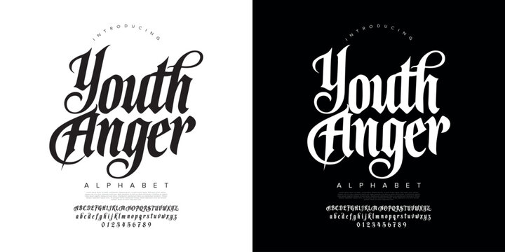 Youth Anger gothic blackletter font with decorative vintage alphabet for tattoo apparel and metal music branding