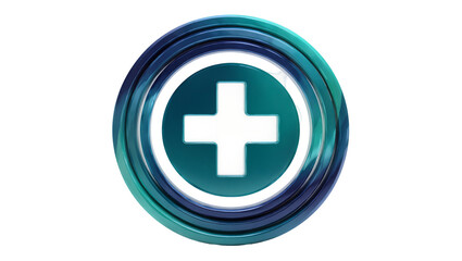 Obraz premium Shiny teal medical plus sign icon encircled by layered turquoise and blue rings, isolated on transparent background for healthcare branding