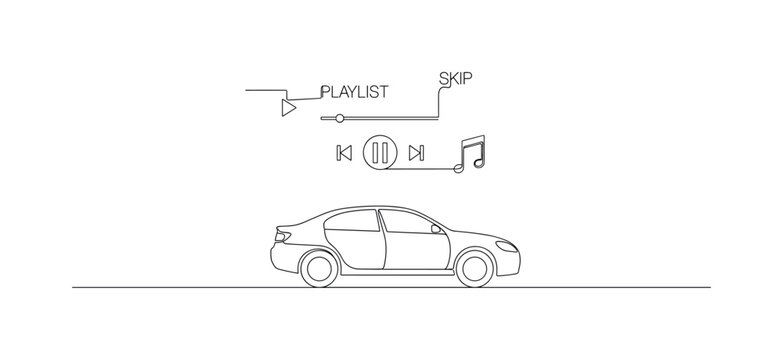 Road Music. Minimalistic one-line drawing car moving along road with playlist icons above, continuous single black line on white background, simple outline