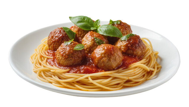 Hearty spaghetti dish with savory brown meatballs coated in rich tomato sauce garnished with fresh green basil, isolated on transparent background for menus