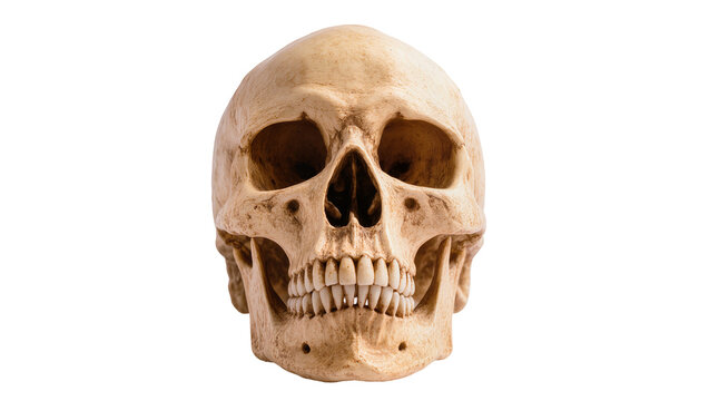 Realistic human skull with visible teeth and eye sockets, meticulously detailed and isolated on transparent background for medical or Halloween designs