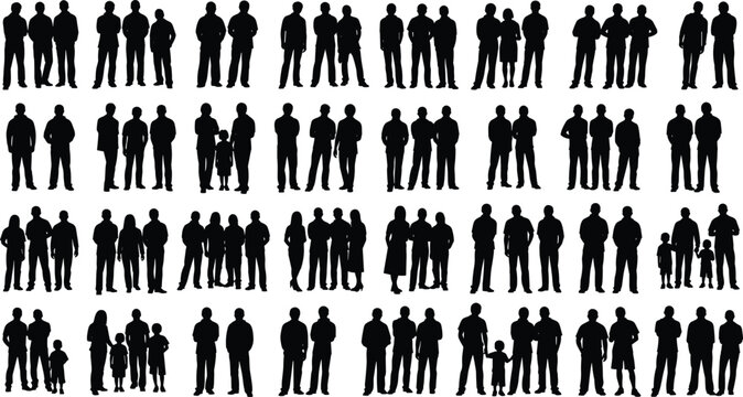 People silhouette collection, crowd figures set, diverse human group, standing men women children, black shadow characters, social community, isolated design