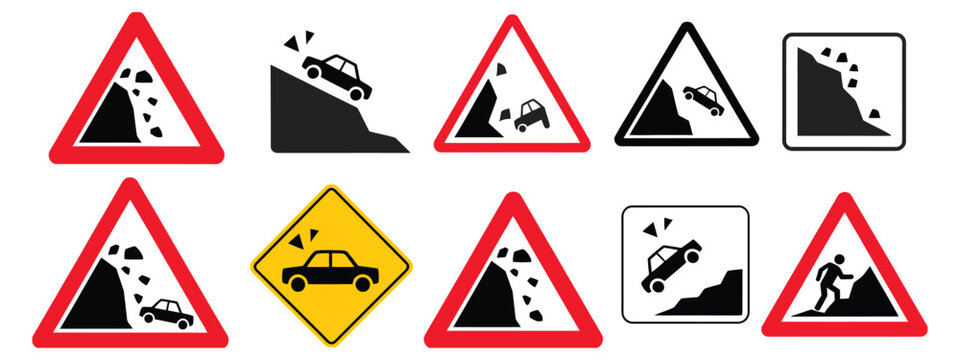 Falling Rocks Debris Landslide Warning Sign, warning icon vector illustrating rockfall and landslide hazards with a triangular safety symbol, crafted for environmental alerts, construction zones