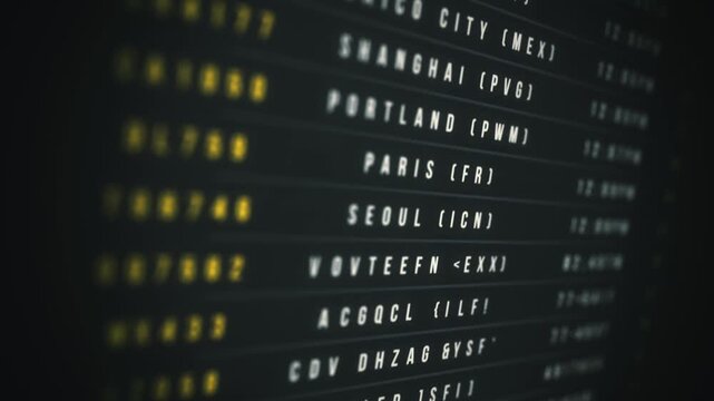 Airport Travel Departure Board Scrolling Background Animation
Travel background made up of an airport departure board with scrolling informations on flight destination, time and decoding text