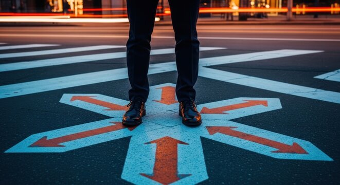 Person standing at a crosswalk with multiple arrows indicating choices