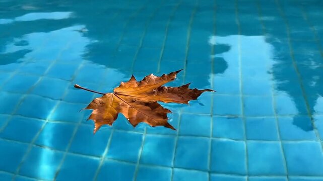 A single dry autumn leaf floats gently on the surface of a clear blue swimming pool with tiled bottom