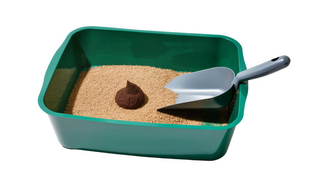 Green plastic cat litter box filled with brown clumping litter and a dark brown cat dropping alongside a black handled scoop, isolated on transparent background for pet care