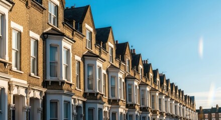 Obraz premium Row of traditional terraced houses with bay windows under a clear blue sky