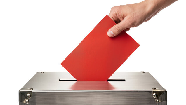 Human hand dropping a vibrant red ballot into a brushed metal voting box, isolated on transparent background for civic engagement concepts