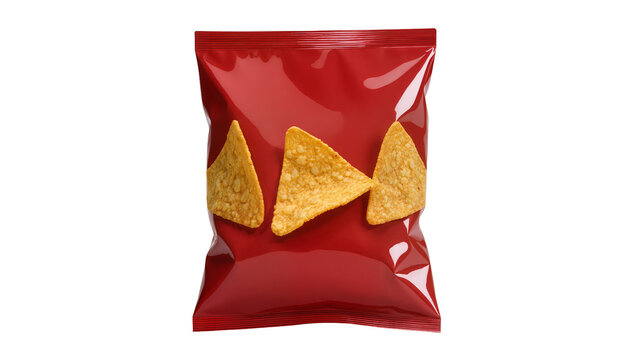Crimson foil snack packet displaying three triangular tortilla chips perfectly arranged inside, isolated on transparent background for food advertising