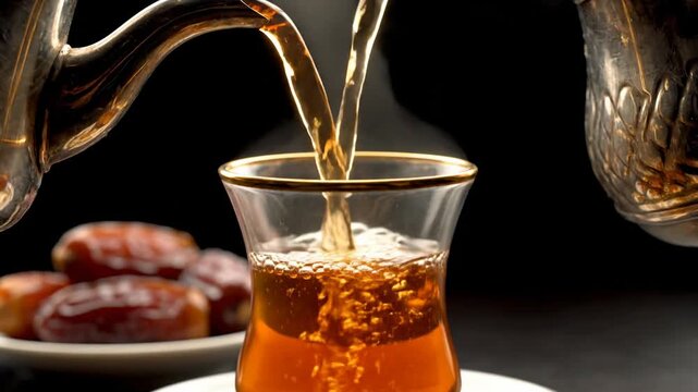 Ornate metal teapots pouring hot amber tea into a clear glass cup with dates for a traditional beverage serving