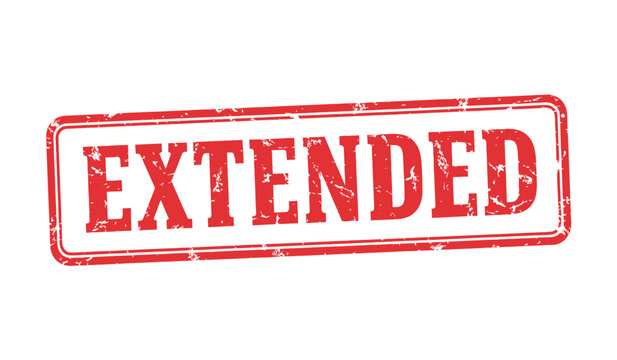A vibrant red 'extended' stamp isolated on a white background signifying prolongation or addition