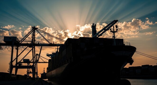 Silhouette of cargo ship and cranes at sunset, dramatic sunrays piercing clouds