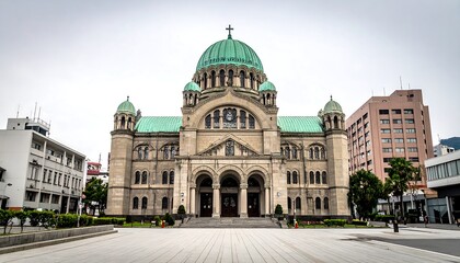 Obraz premium A grand edifice with a central dome, twin flanking towers, and a classical facade set against a cloudy sky