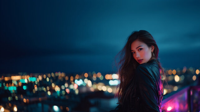 eurasian woman on rooftop terrace with neon city lights at night, graceful female silhouette against vibrant urban skyline nightlife scene, stylish model enjoying deep house vibes under glowing city 