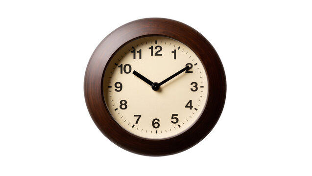 Round wooden framed wall clock with black hands displaying 10 09, isolated on transparent background for time management concepts