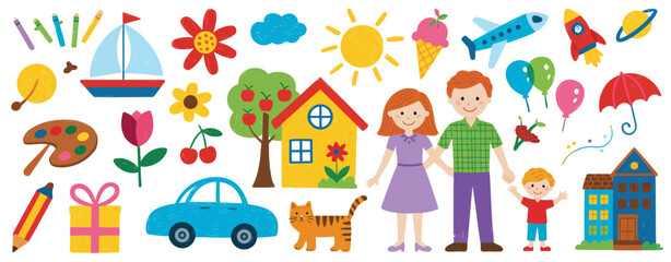Obraz premium Felt pen hand drawn vector illustrations set of child drawings and doodles, featuring playful sketch-style elements, simple icons, and creative scribbles designed with a marker aesthetic