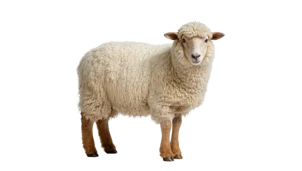Fotobehang Schapen Fluffy cream-colored domestic sheep standing sideways displaying woolly fleece and brown hooves, isolated on transparent background for farm concepts  © Claudia