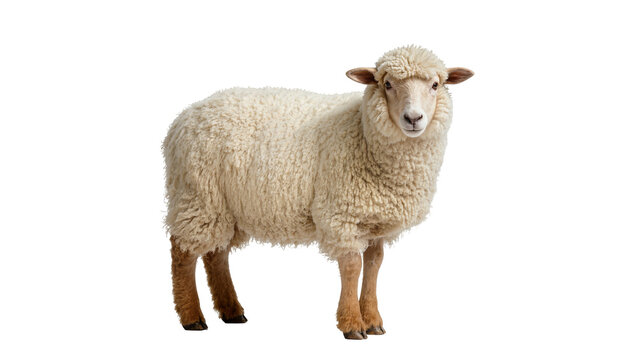 Fluffy cream-colored domestic sheep standing sideways displaying woolly fleece and brown hooves, isolated on transparent background for farm concepts