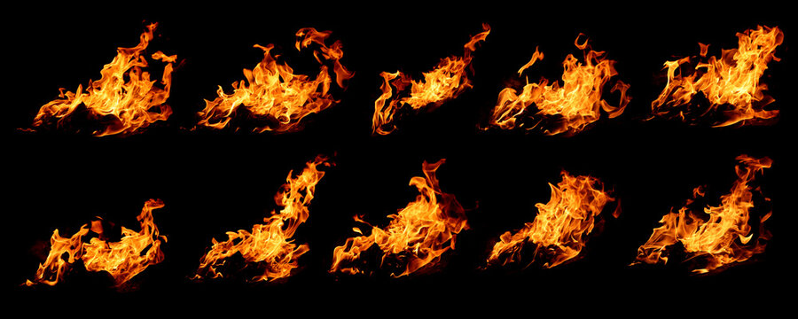 Thermal energy fire%3A 10 examples of fire against a black background.