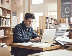 Fototapeta premium A concentrated student works on a laptop amidst piles of books in a library, symbolizing academic excellence and deep research. Ideal for educational and digital learning marketing materials.