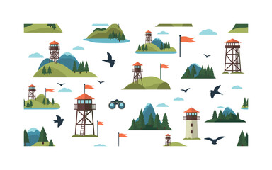 Naklejka premium scenic view motifs seamless pattern, repeating pattern, surface design, textile print, modern illustration of watchtowers, hills, forests, flags, observation