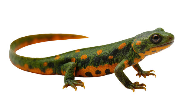 Vibrant red-spotted newt with dark green body and orange tail gracefully curving, isolated on transparent background for wildlife education
