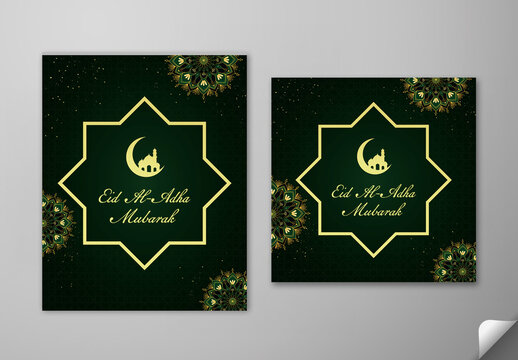 Editable Eid Al Adha Mubarak Greeting Social Media Post Template Set with Crescent Moon, Mosque in Octagonal Islamic Frame on Dark Background.