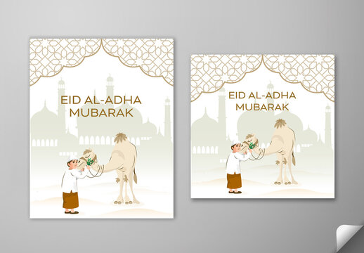 Editable Eid Al Adha Mubarak Greeting Social Media Post Template Set with Muslim Boy Feeding Grass to Camel in Front of Mosque Silhouette Background.