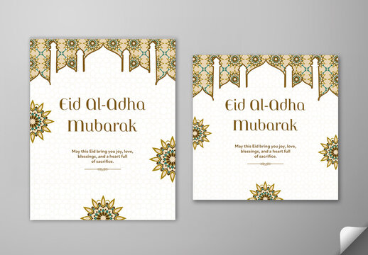 Editable Eid Al Adha Mubarak Greeting Social Media Post Template Set with Mosque Arched on Islamic Pattern White Background.