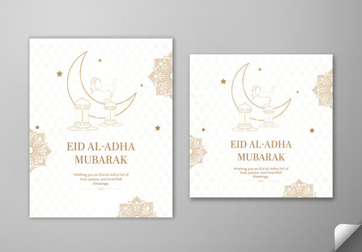 Editable Eid Al Adha Mubarak Greeting Social Media Post Template Set with Islamic Line Art Elements in White and Golden Theme Design.