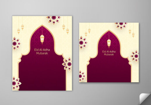 Editable Eid Al Adha Mubarak Greeting Social Media Post Template Set in Maroon and Off White Theme Design.