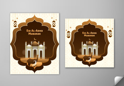 Editable Eid Al Adha Mubarak Greeting Social Media Post Template Set with Exquisite Mosque, Silhouette Qurbani Animal on Brown and Beige Islamic Pattern Background.