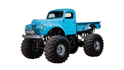 Vintage turquoise pickup truck modified into a monster truck with oversized tires and a lifted suspension, isolated on transparent background for automotive designs © Fernando