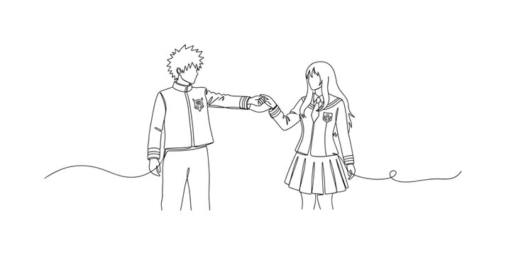 Matching Anime Pair. Minimalistic one-line drawing two cosplayers wearing coordinated anime costumes, continuous single black line on white background, simple
