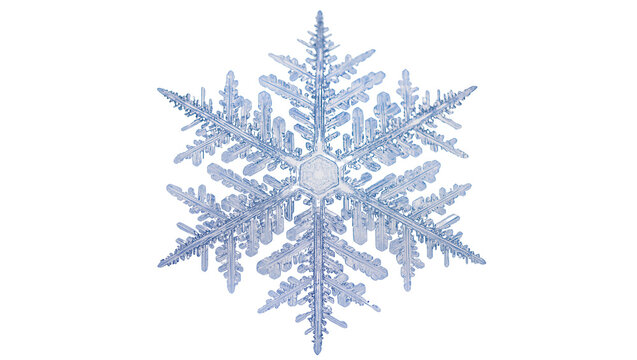 Intricate hexagonal ice crystal snowflake with delicate fractal patterns, isolated on transparent background for winter themed designs and seasonal promotions
