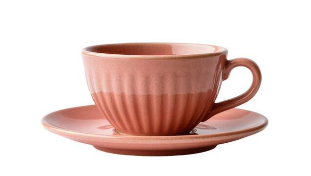 Rustic terracotta teacup with ridged texture and matching saucer, elegantly presented isolated on transparent background for beverage branding