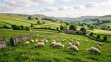 Fototapeta premium Herd of sheep grazing in a green pasture on a sunny day